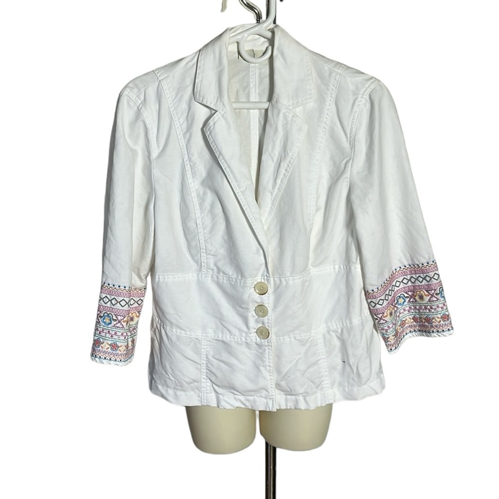 J.Jill size large white linen blend 3 button blazer embroidered 3/4 sleeve ,12P